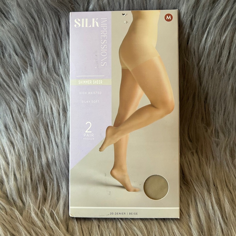 Silk Impressions Sheer Shimmer Tights Women's Size Medium Beige High‎ Waisted